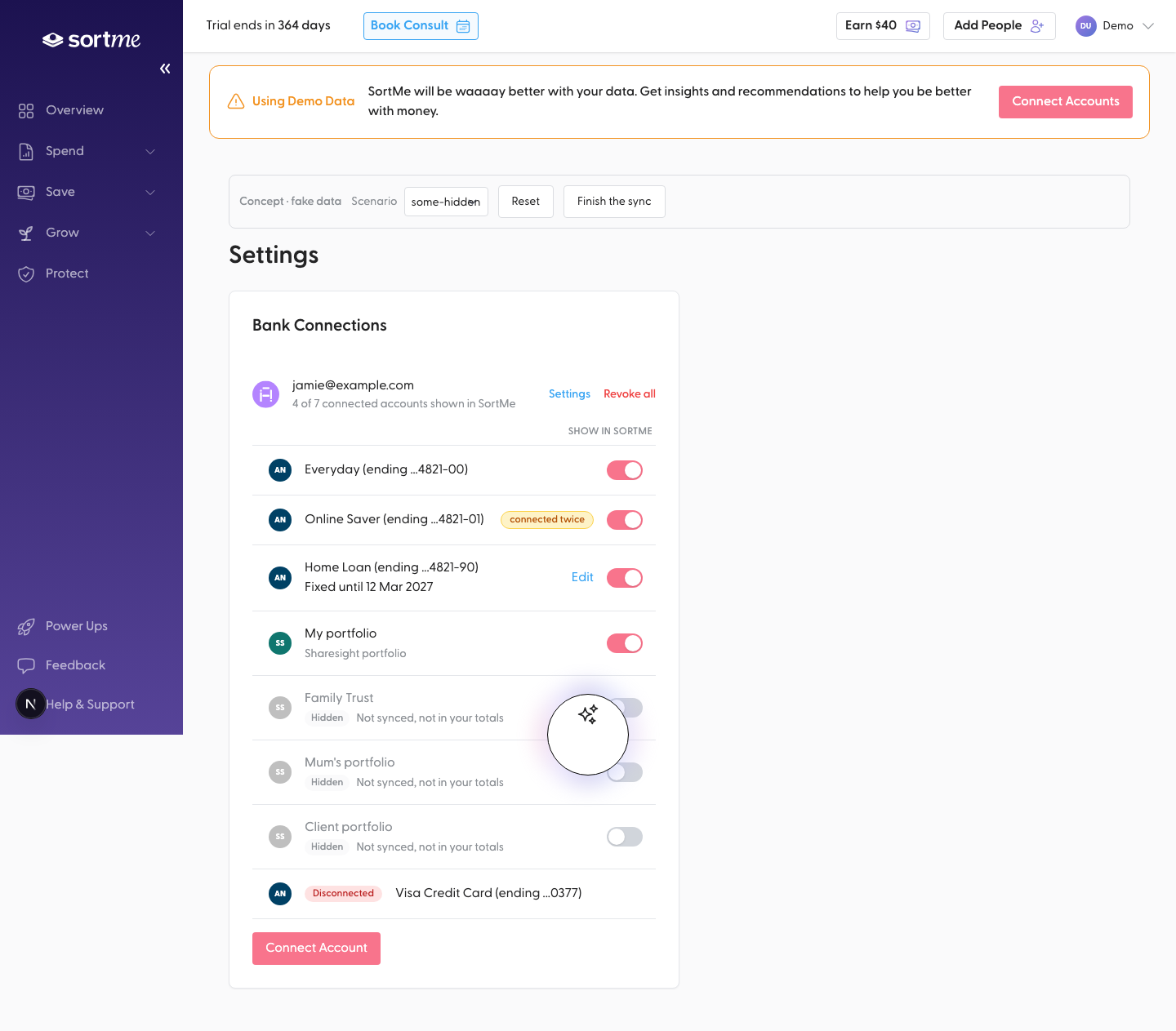 Open Bank Connections with three portfolios hidden (desktop)