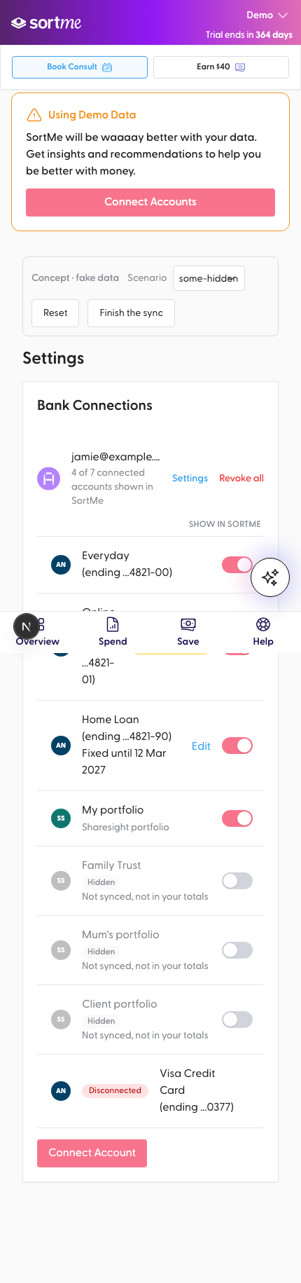 Open Bank Connections with three portfolios hidden (mobile)
